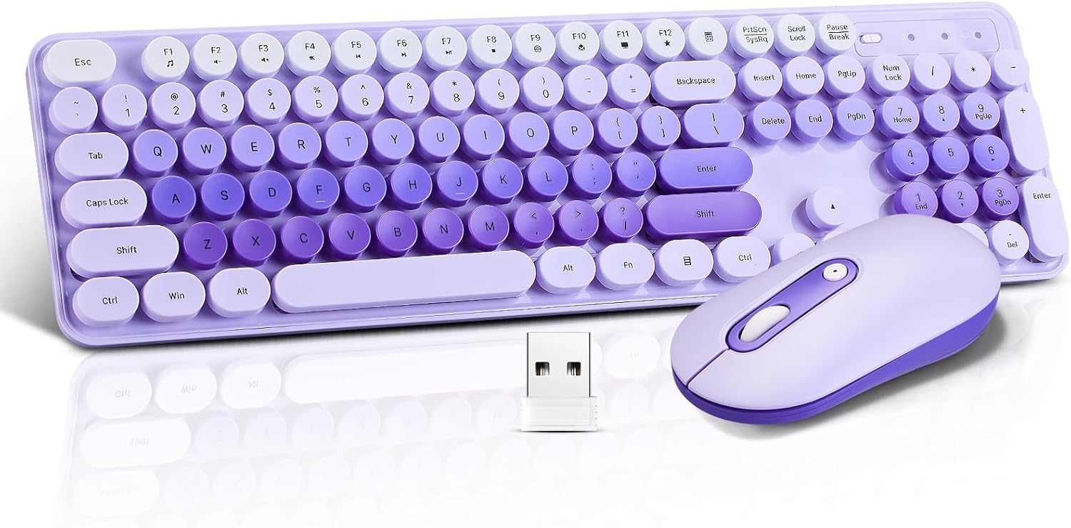 Wireless Keyboard and Mouse Combo, Full Size Compact Quiet Wireless Keyboard and Mouse Set 2.4G Ultra-Thin Sleek Design for Windows, Desktop, PC, Notebook, Laptop,Round Keys Purple Mixed Punk Color