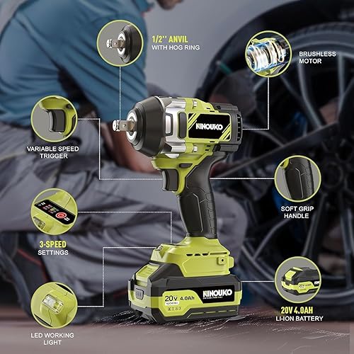 Miniatura 7 de Llave de impacto eléctrica 1000N.m (740 ft-lbs) Pistola de impacto de alto par sin escobillas de 12 pulgada con 2 baterías de 4.0 Ah, cargador