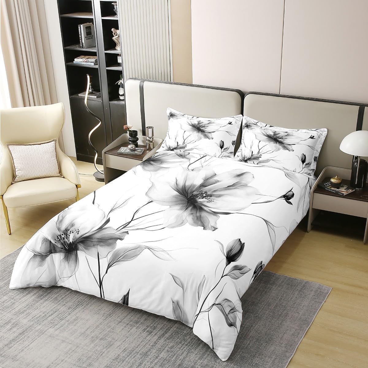 Erosebridal Black and White Floral Queen Bedding Set, Boho Flower 100% Cotton Duvet Cover for Women Men, Artistic Watercolor Floral Comforter Cover, Ink Painting Style Blossom & Leaf Bedclothes