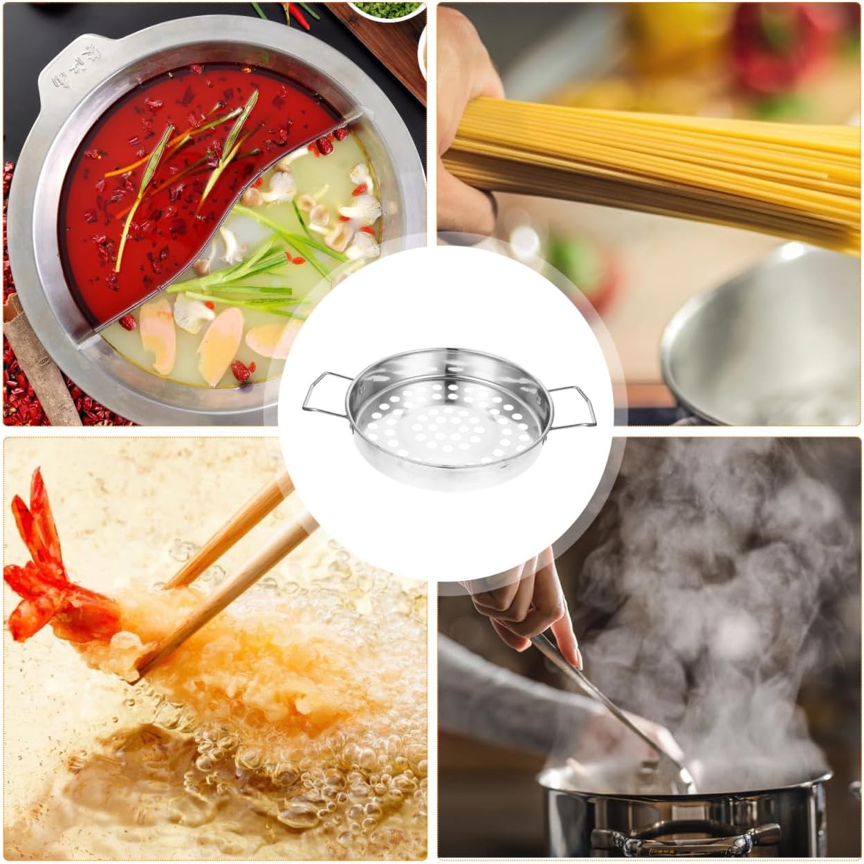 Big Hole Colander with Handle, Stainless Steel hole Colander Strainer, Kitchen Steamer for Spaghetti, Noodles, Vegetables and Fruits