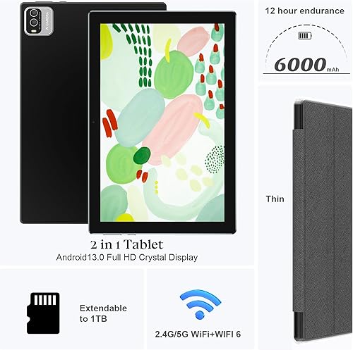 Miniatura 4 de Tablet Android 13 de 10.1 pulgadas, tableta Android 2 en 1 con funda para teclado, 8GB+128GB ROM1TB tabletas, Quad Core, pantalla táctil HD, Dual