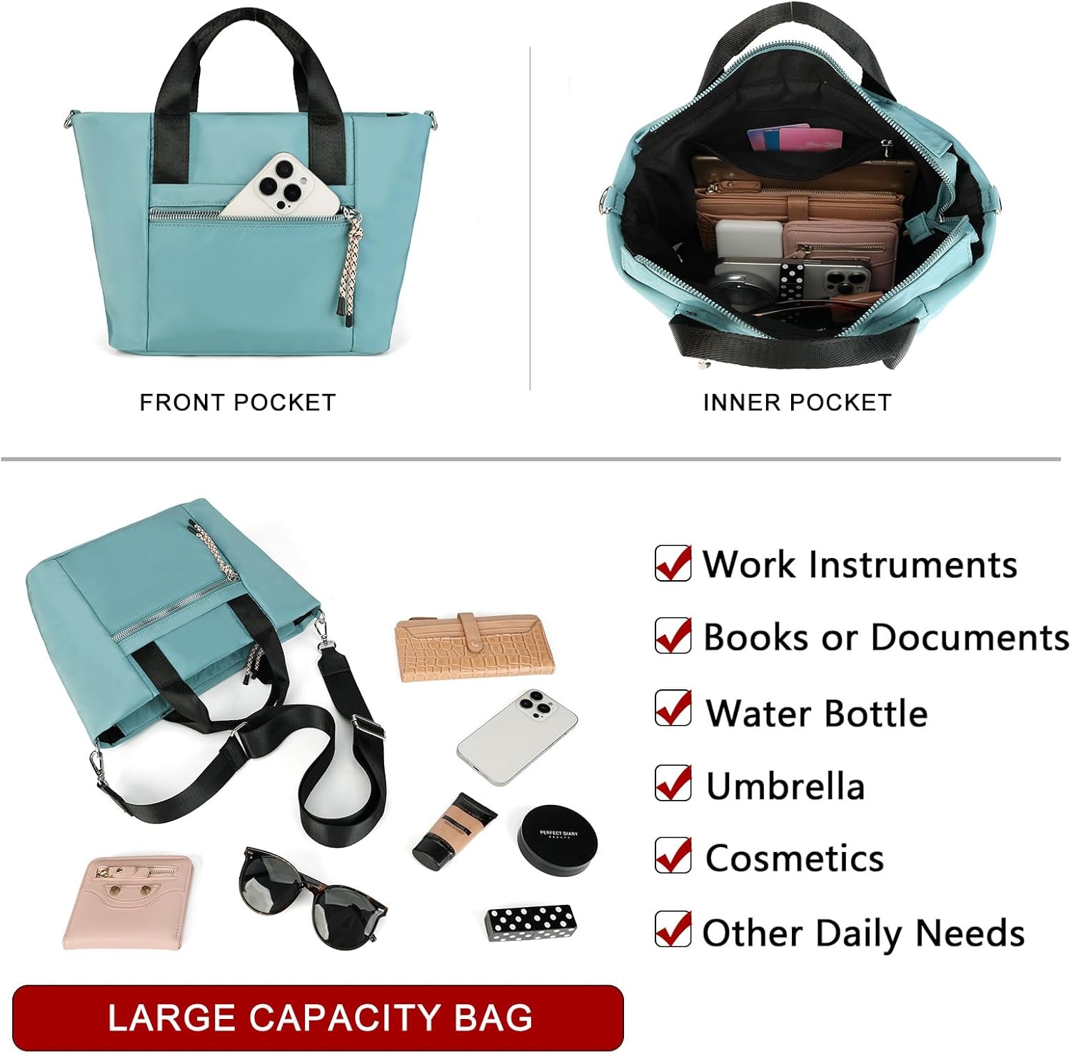 Nylon Crossbody Bag for Women Lightweight Foldable Tote Purse With Zipper Travel Shoulder Satchel Handbag Adjustable Strap