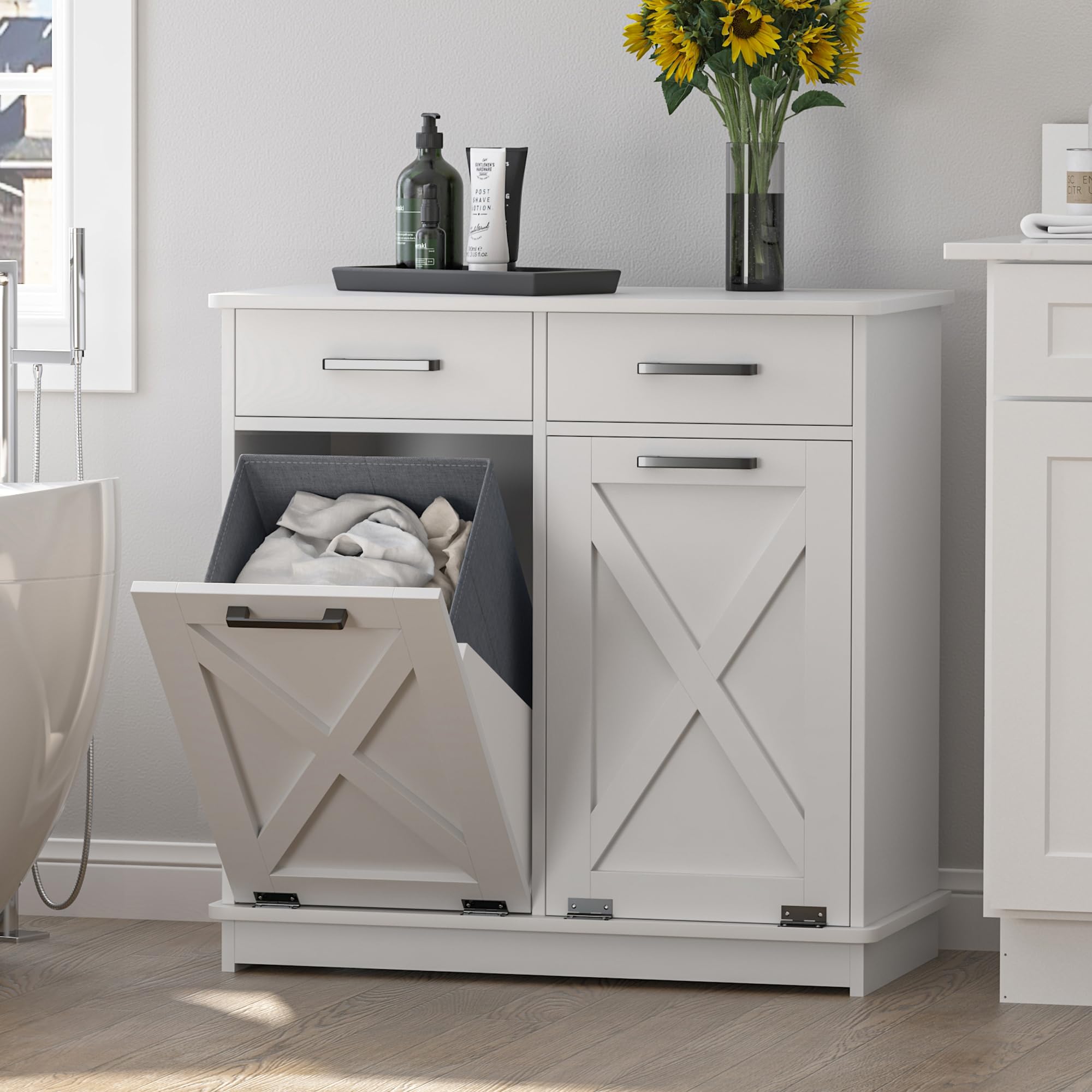 Amazon.com: Mepplzian White Double Tilt Out Laundry Hamper Cabinet