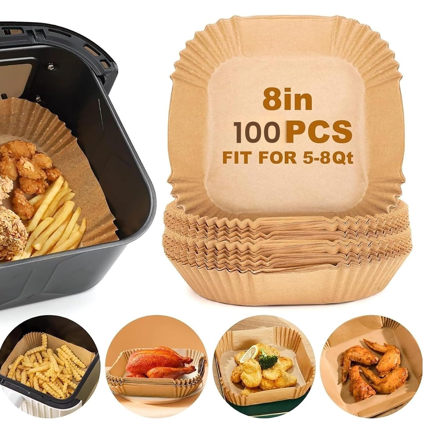 Xacton 100-Piece Square Air Fryer Non-Stick Parchment Paper Sheets, Oil & Water Proof, Heat-Resistant