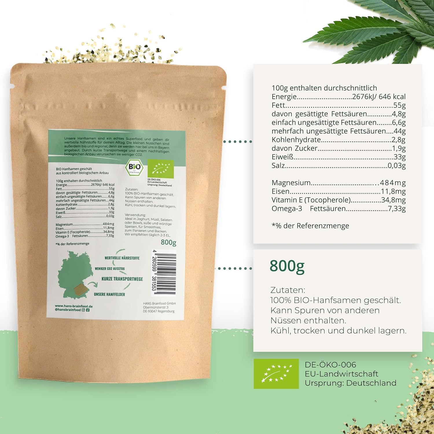 HANS Brainfood Bio Hanfsamen geschält - High Protein - Natürliche Omega 3 und Magnesium Quelle ohne Zusatzstoffe | Superfood vegan aus Bayern | Hanfprotein mit Eisen und Vitamin E | 3x 800g