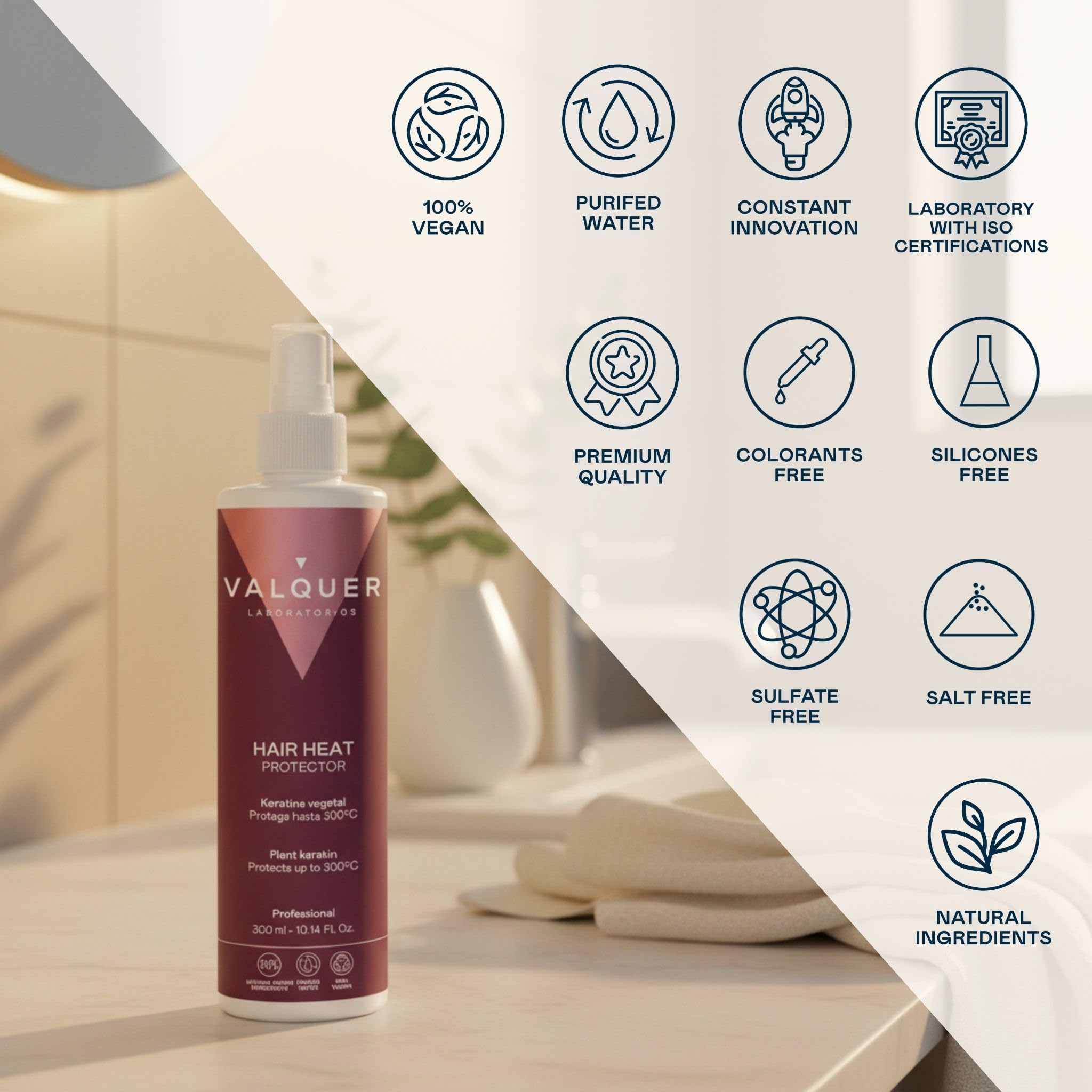 VALQUER Protector Térmico Capilar en Spray 300 ml Protege del Calor Keratina Vegano