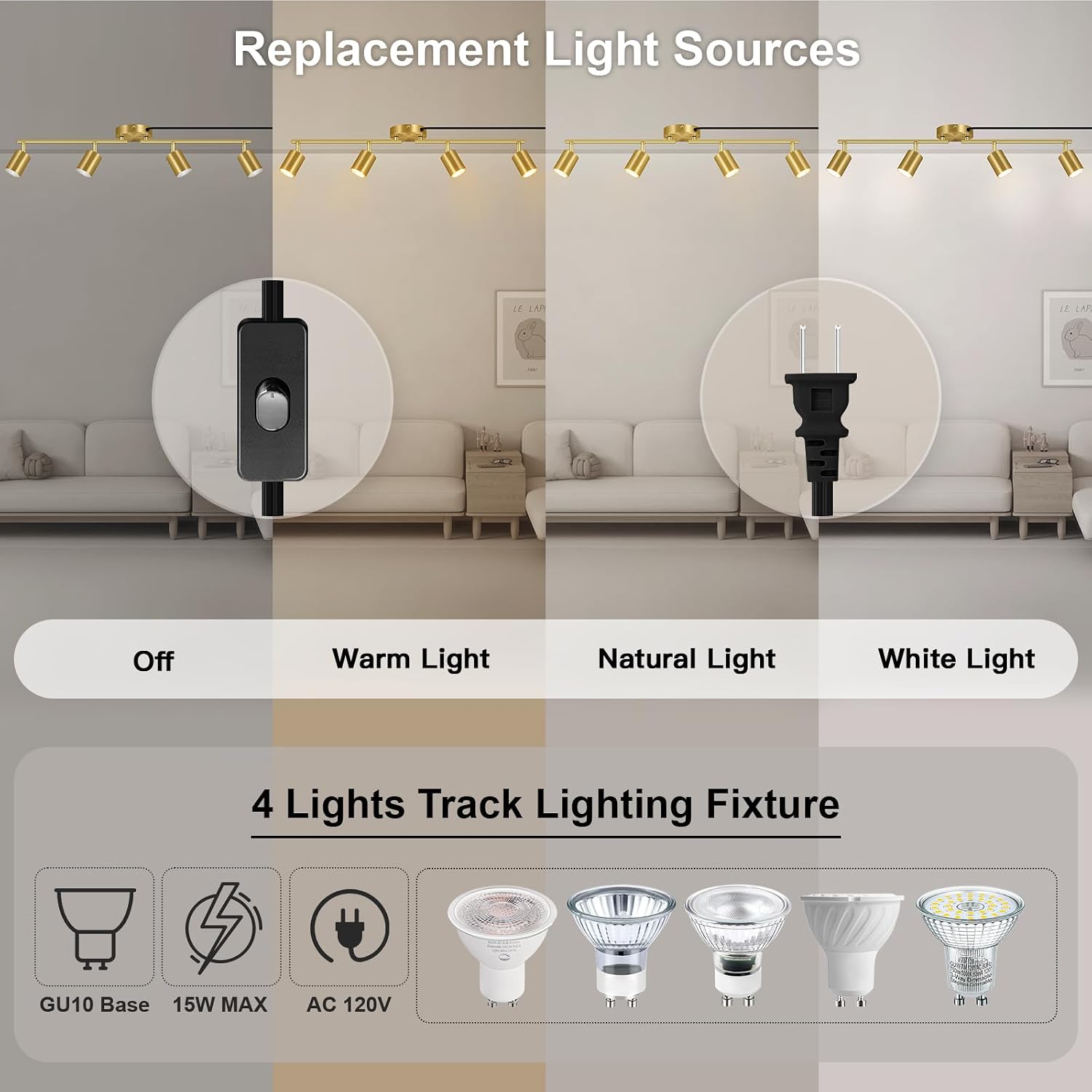 Plug in Track Lighting LED, Track Lighting Fixtures Ceiling Gold, 4-Light Kitchen Light Kit, Plug in Wall Light with 14.8ft Power Cord, Rotatable Ceiling Spotlight for Bedroom(GU10 Socket, NO Bulb)