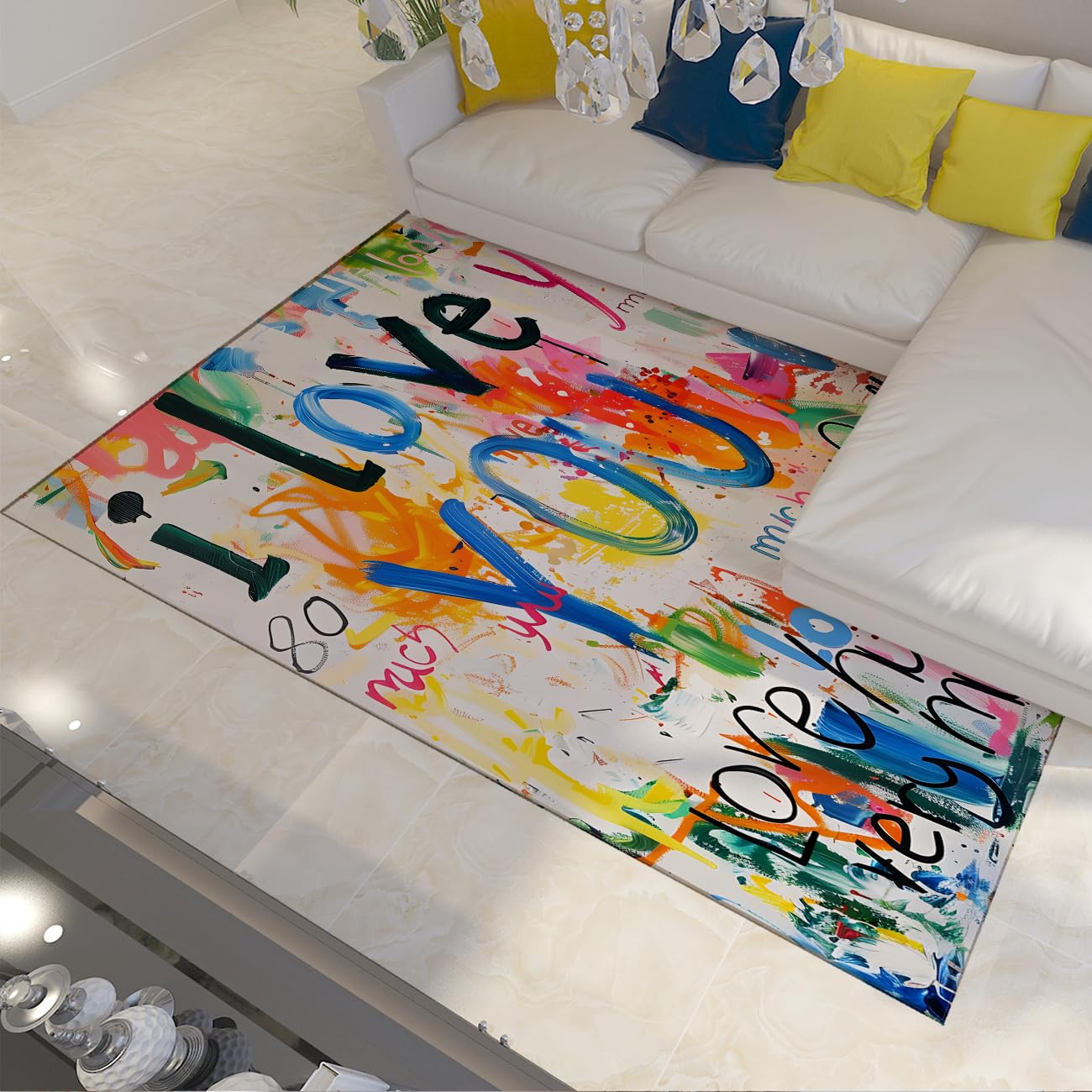Tapis imprimé 3D avec lettres graffiti colorées et envers antidérapant 200x300