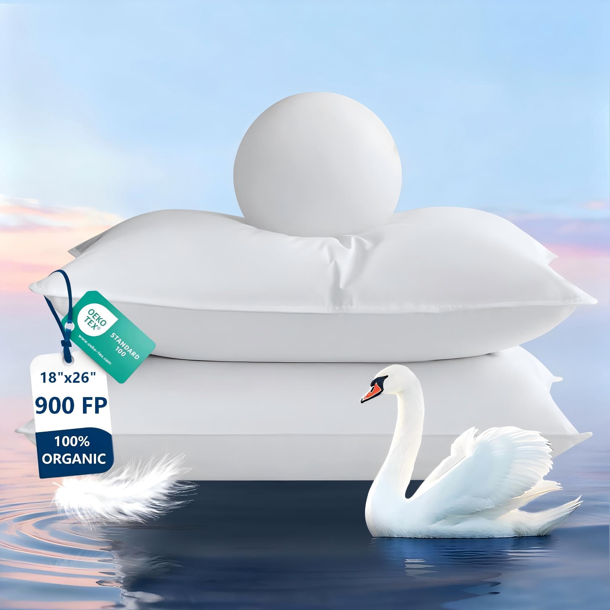 Goose Feather Pillows Standard Size Set of 2 Ultra Soft 700 TC Organic Cotton Shell 900 FP Down