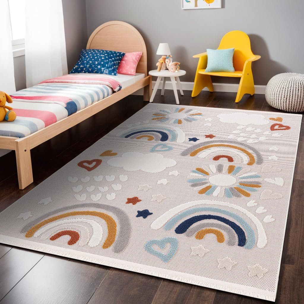 RUGURA Alfombra Infantil Habitación Niña Niño Dormitorio Arcoiris Nubes Estrellas Animales 120x170cm Crema Azul Turquesa Rojo