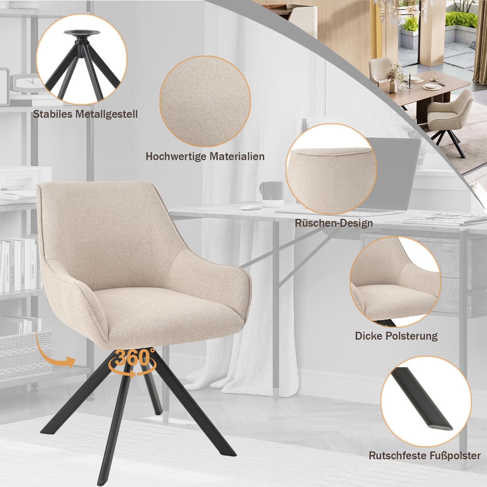 Esszimmerstühle Drehbar 6er Set mit Armlehne – 360°Drehbar Polsterstuhl Leinen Modern Drehstuhl Küchenstuhl mit Metallgestell und Rückenlehne für Esszimmer, Wohnzimmer, Büro, Beige
