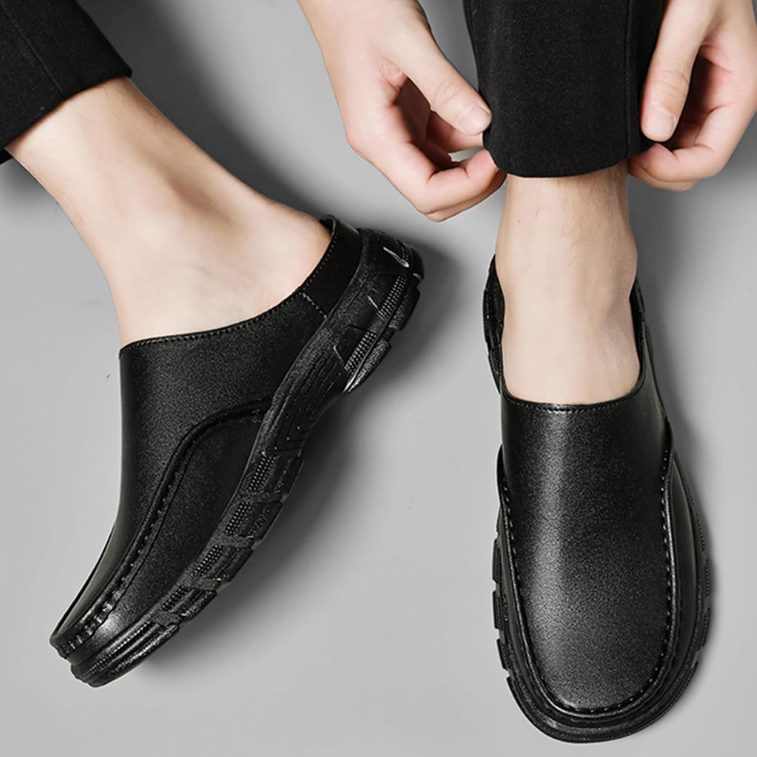 Mens Genuine Leather Soft Bottom Mule Sandals Luxury Wide Round Toe Slip On Formal Wear Dress Loafers Casual Breathable Walking Slippers - Image 2