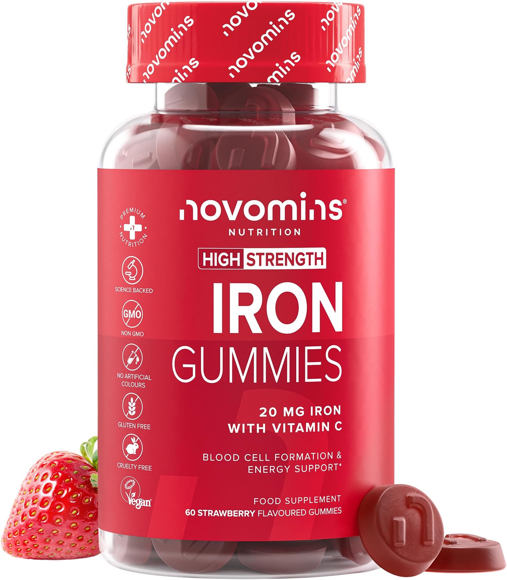 Iron Gummies with Vitamin C - 1-Month Supply - 20mg High Strength Alternative to Iron Tablets & Drops - Supplements for Women & Men - Immune System & Energy Booster - Novomins