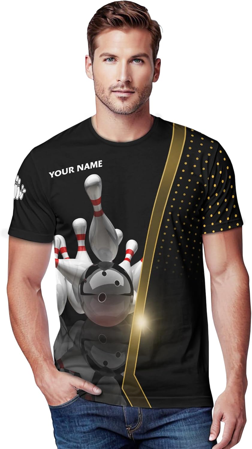 Men's Bowling Short Sleeve Tshirt Personalized Bowling Pin Tee Shirt for Boyfriend Print Bowling Clothing