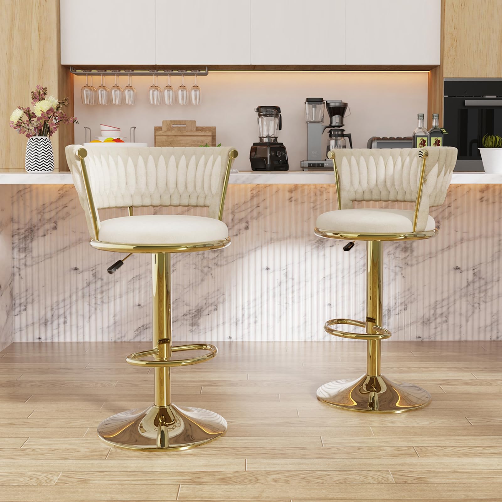 Juego de 1 Taburete de Bar, Taburetes Altos de Cocina con Respaldo, Taburetes Altos Ajustable 59-102 cm, Silla de Cocina Tasburete Alto de Tela, Silla de Bar para Cocina Bar Comedor (Oro)