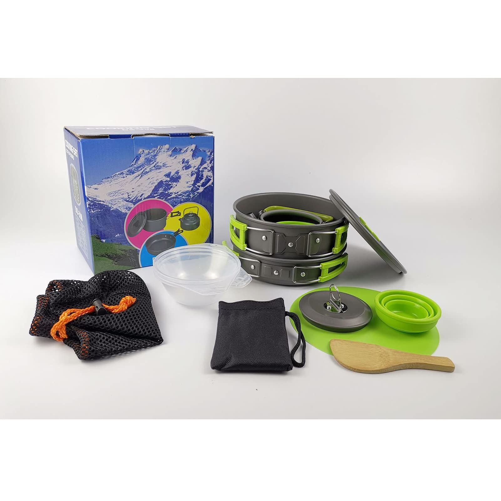 Camping Conjunto Aluminio Camping Kit Utensilios De Cocina para 2-3 Personas, Pan Parrilla Al Aire Libre Portátil Hervidor De Estufa para Picnic Trekking Y Senderism Green-One Size