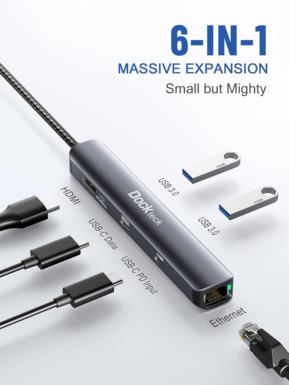 Dockteck 6-in-1 USB C Hub with 4K 60Hz HDMI, USB-C Data Port, 1Gbps Ethernet, 100W PD, 2 USB 3.0 Bundle with CableCreation 10 Feet 18 AWG Angled 2-Slot Non-Polarized Angle Power Cord