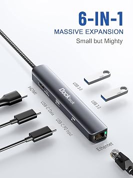 Dockteck 6-in-1 USB C Hub with 4K 60Hz HDMI, USB-C Data Port, 1Gbps Ethernet, 100W PD, 2 USB 3.0 Bundle with CableCreation 10 Feet 18 AWG Angled 2-Slot Non-Polarized Angle Power Cord