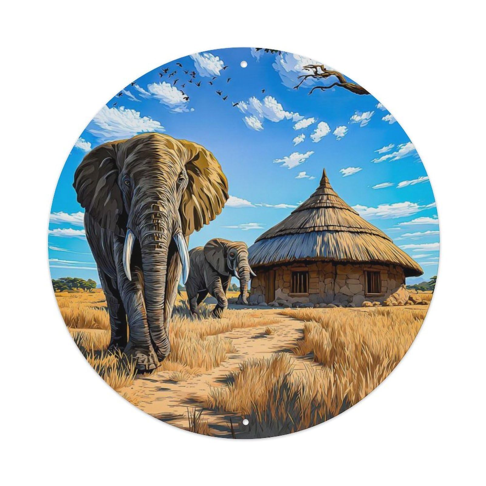 Animal African Elephant Africa Savanna Landscape Traditional Hut Vintage Metal Tin Sign Plaque Wall Decor for Cafe, Club Bar, Office, Garden Metal Poster 8x8Inch