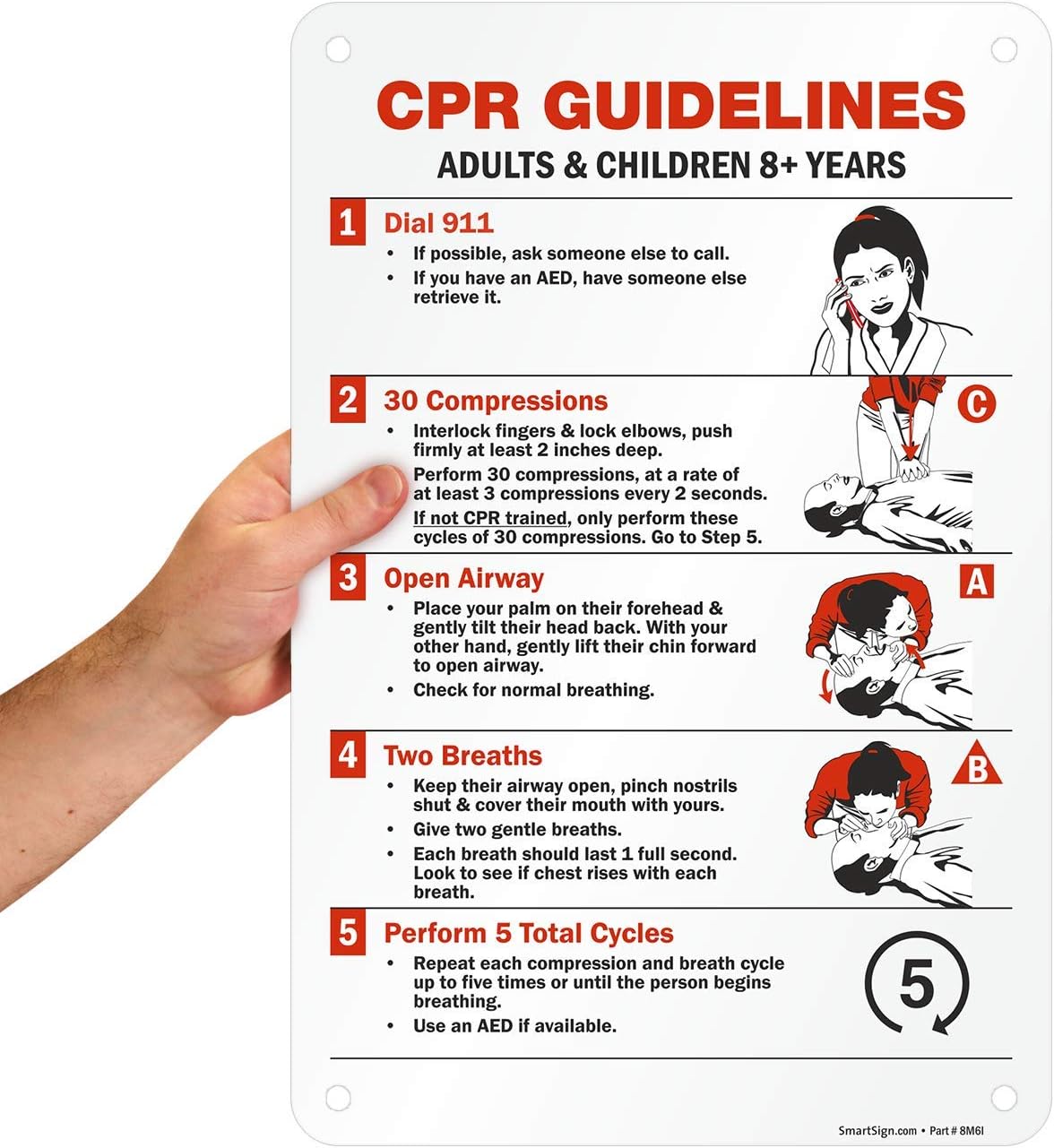 SmartSign "CPR Guidelines - Adults & Children 8+ Years" Sign | 12" x 18" Aluminum