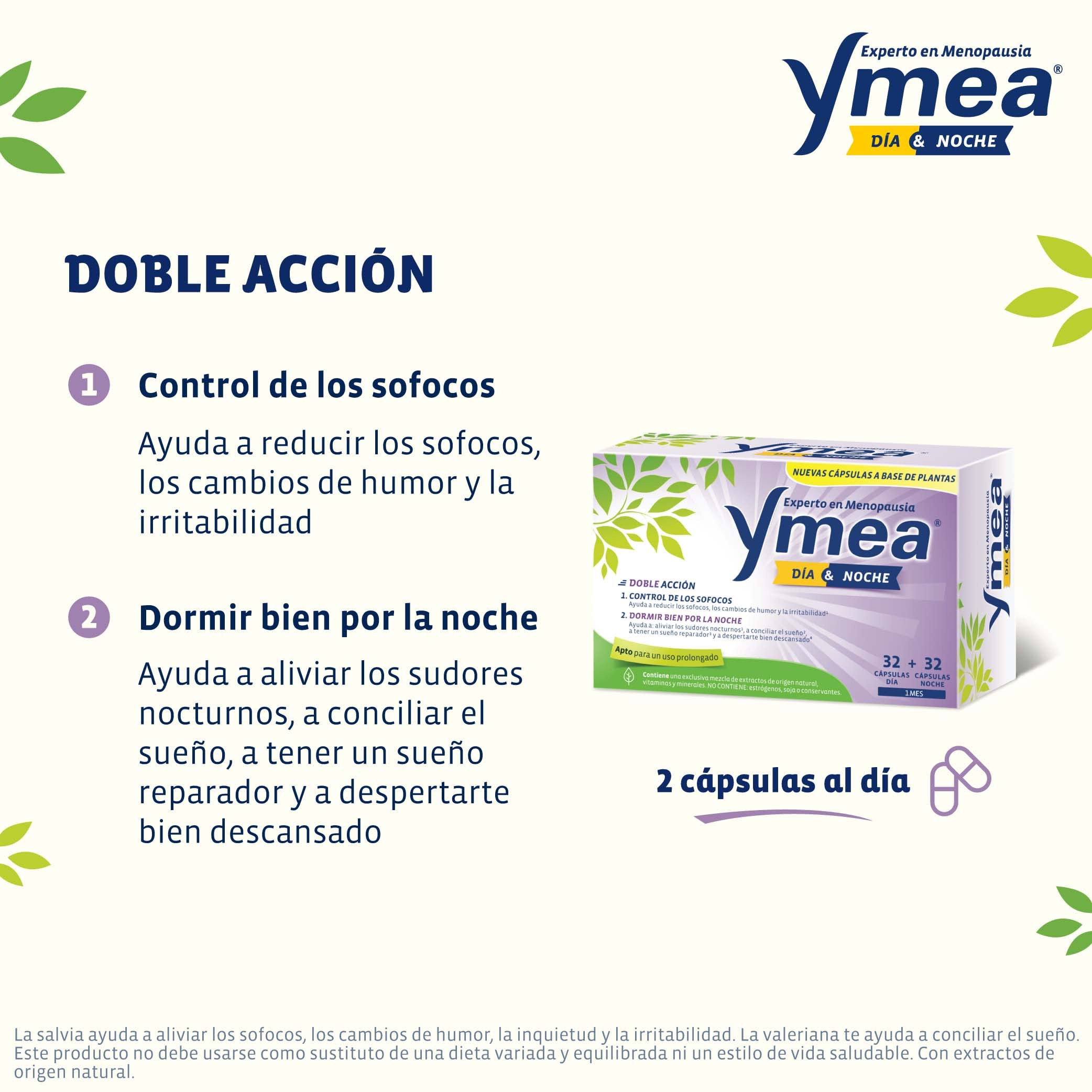 Ymea Menopausia Día y Noche, Control Sofocos y Sueño, Tratamiento 1 Mes - 64 Cápsulas (Paquete de 2)