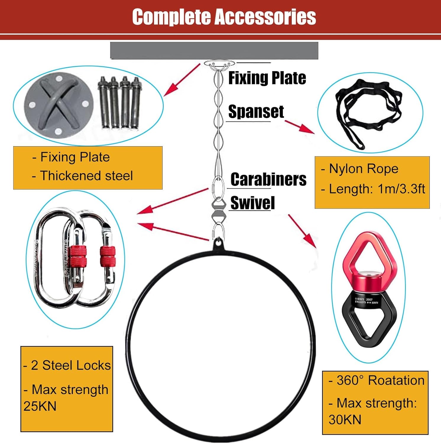SRNSAEB Stainless Steel Complete Aerial Ring Set, Single Point Spinning Aerial Fitness Yoga Lyra Hoop Set, Circus Props Equipment for Acrobatics Performance (Size : Dia 85cm(33.5in))