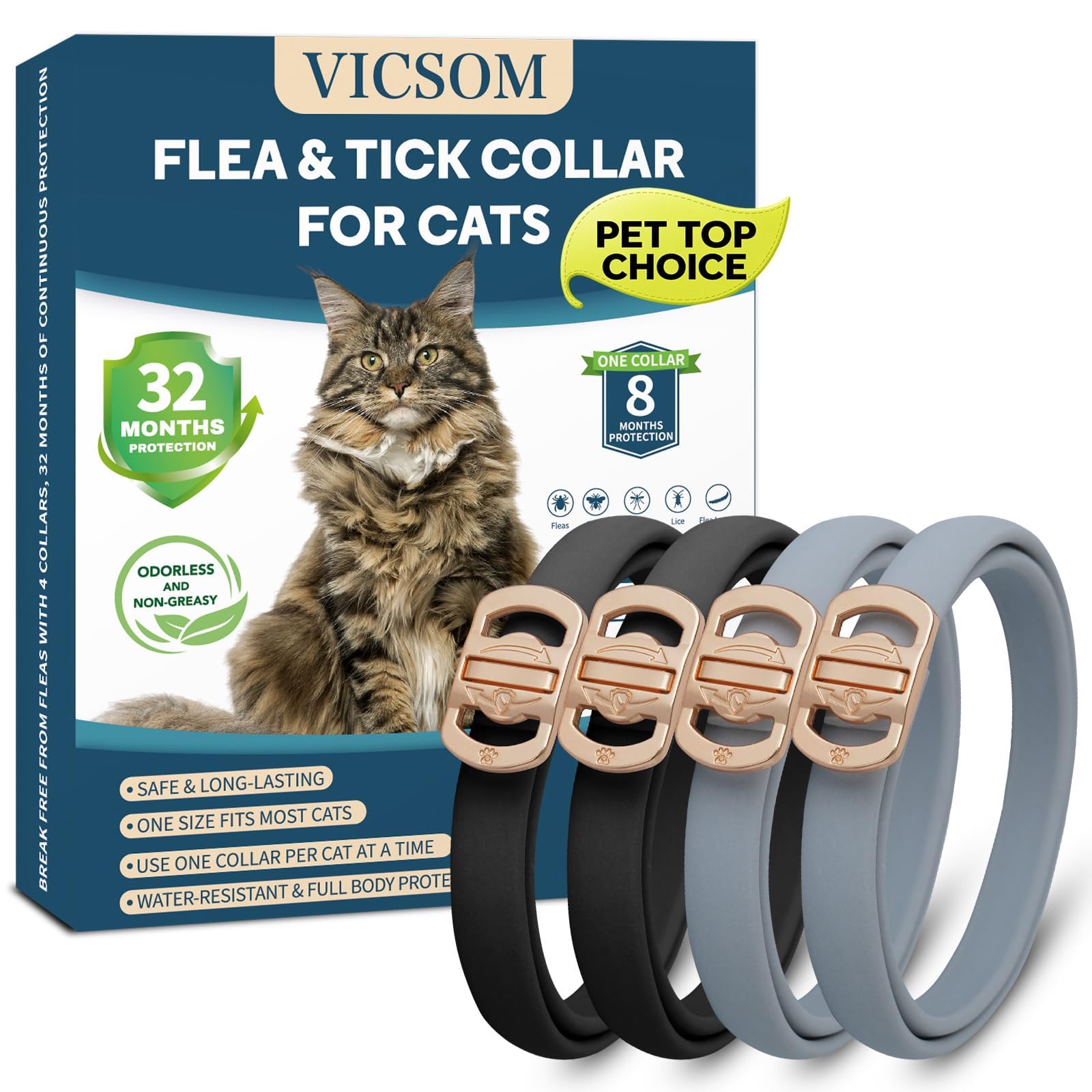 VICSOM Coleira Antipulgas E Carrapatos Para Gatos - Pacote Com 4 Unidades, Proteção De 32