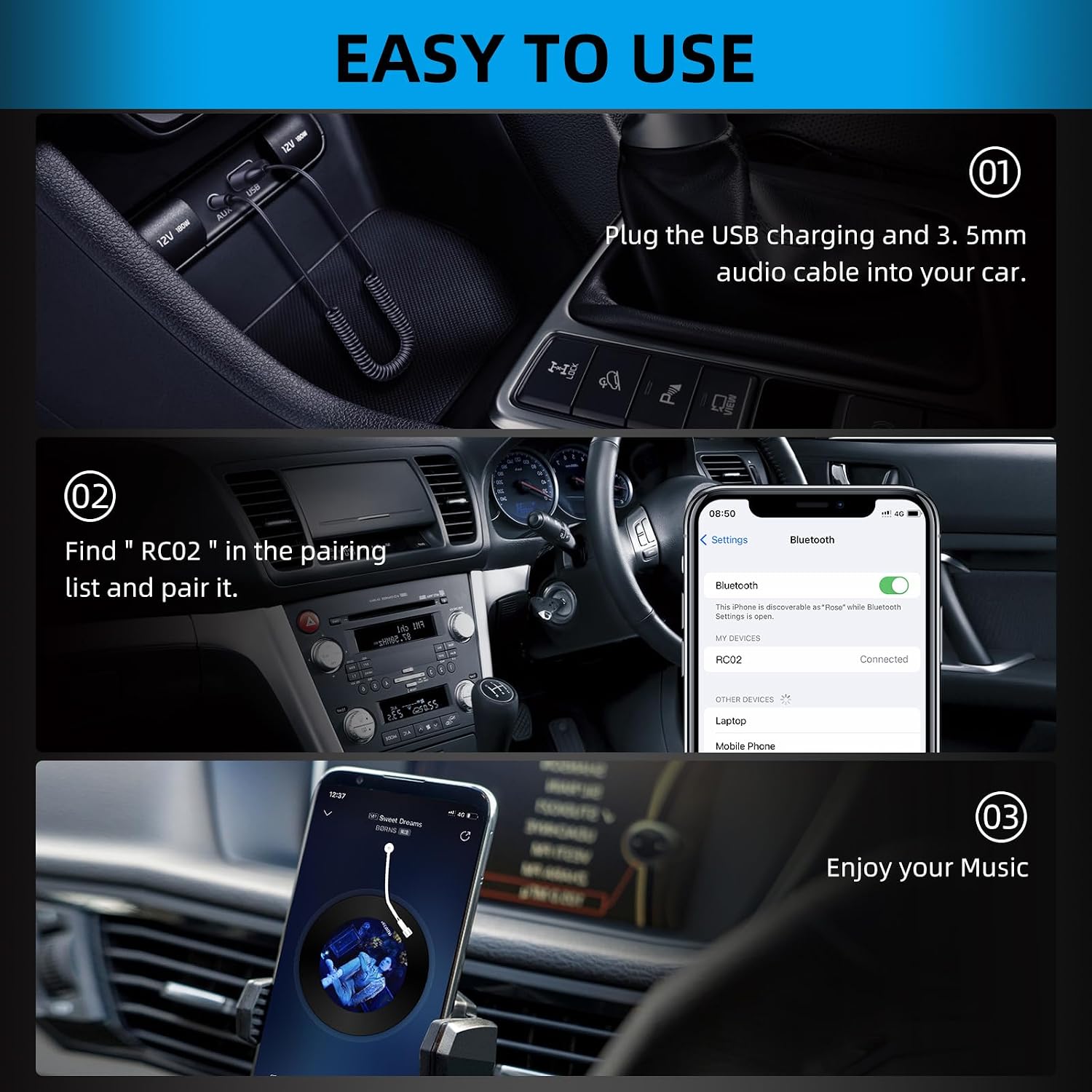 ZIOCOM Bluetooth Aux Adapter for Car, USB Bluetooth 5.2 Receiver, 3.5mm Bluetooth Adapter with Microphone for Music Streaming and Hands-Free Calling for Car Stereo and Home Speakers