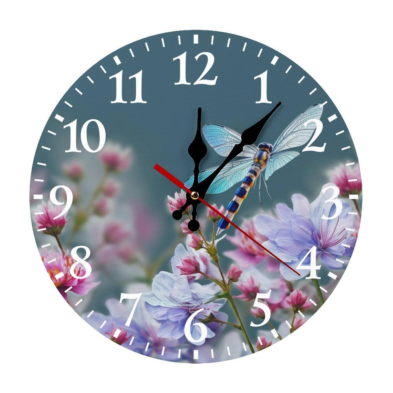 NTVOWPZO 10 Inch Wall Clock Dragonfly and Flowers Battery Operated Wall Clocks Silent Non-Ticking Round Wall Clock for Living Room Kitchen Home Office Wall Decorative Clock