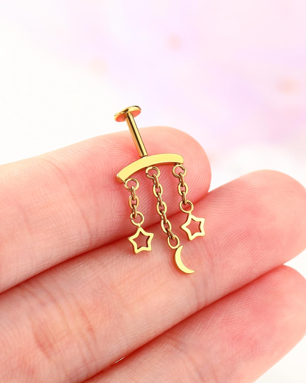Crescent Moon Star Chain Vertical Hidden Helix Stud Earrings Dangle 316L Stainless Steel Flat Back Threadless Push-Pin Cartilage Rook Piercing Jewelry - Image 2