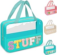 Vista 22 de izuzta Bolsas de maquillaje transparentes con letras de chenilla tipo tote, bolsa de maquillaje preppy con asa, Moda