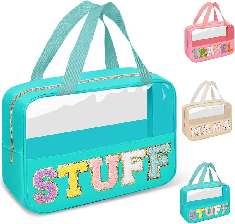 Necessaire transparente izuzta com letras em chenille, zíper e alças, STUFF-Green