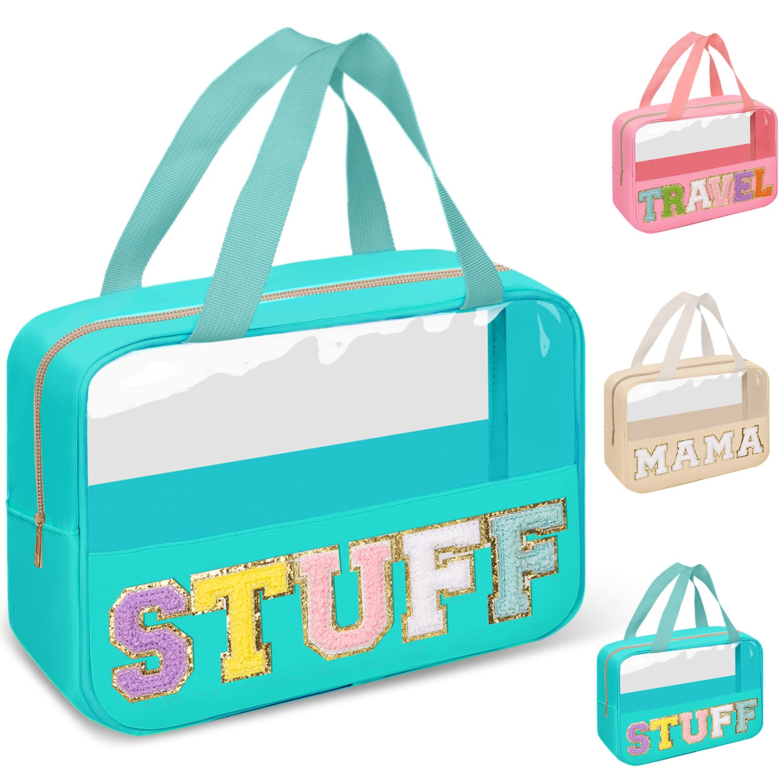 Preppy Clear Stuff Makeup Bags with Chenille Letter Patches, Travel Essentials Large Clear Make up Bag Zipper Pouch with Handle, Waterproof Nylon