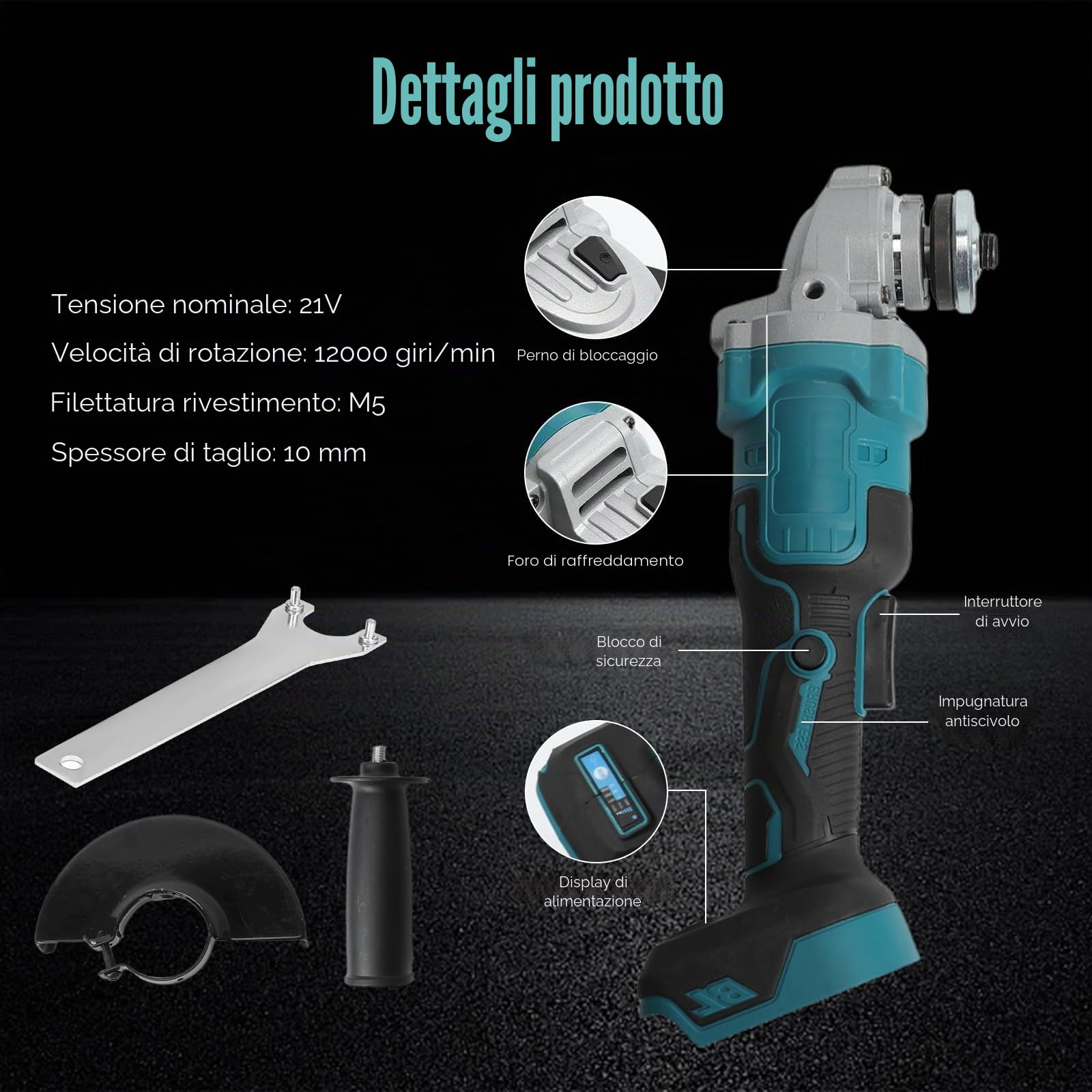 Smerigliatrice angolare senza fili compatibile con batteria Makita 18 V, 100/125 mm 12000 RPM smerigliatrice angolare a batteria con motore brushless e coperchio del disco levigante (125MM)