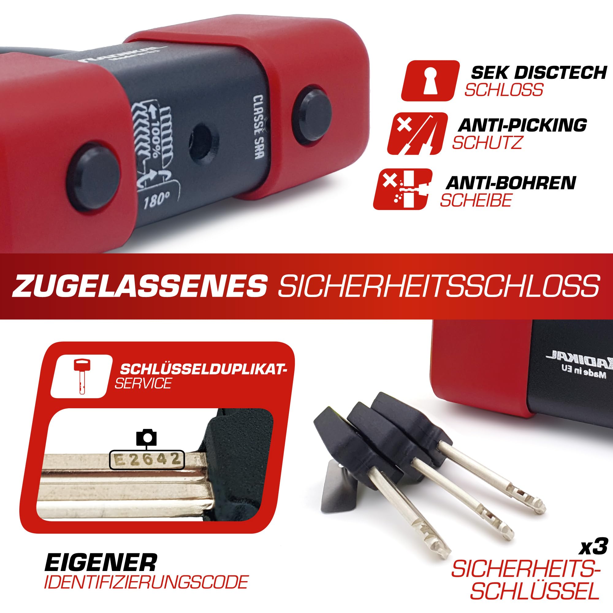 RADIKAL RK48100 Sicherheitskette mit Vorhängeschloss 13,5 ø 100 cm + 18 ø Scheibenschloss Hochsicherheits-Diebstahlsicherung SRA-Zulassung, Schwarz und Rot