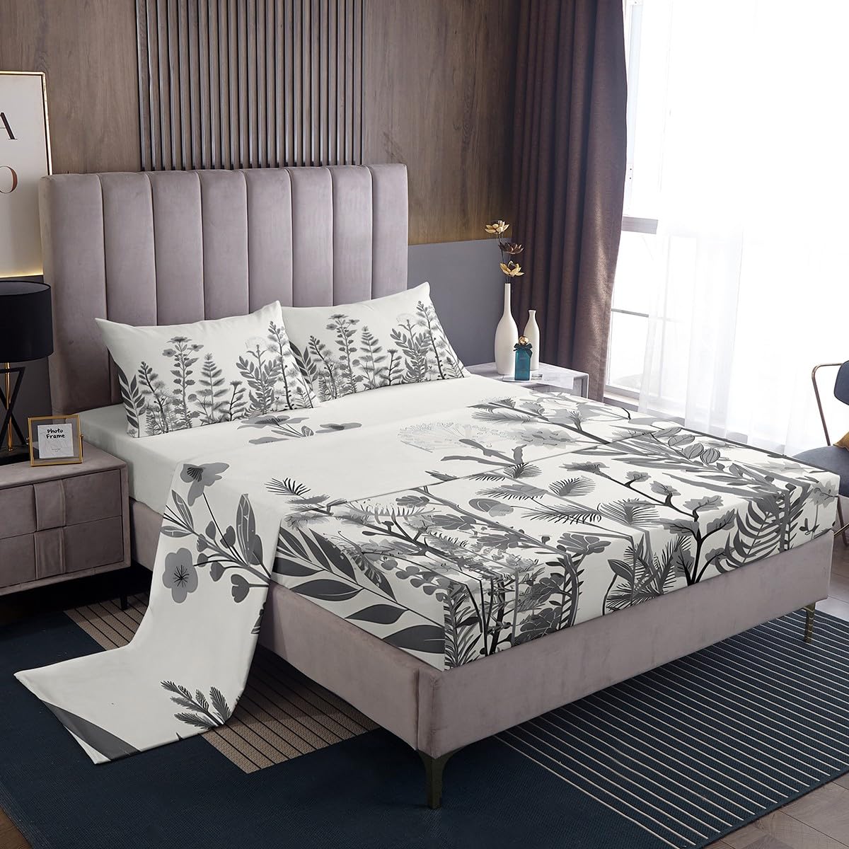 Parure de lit botanique fleurs sauvages comprenant drap plat et 2 taies d'oreiller grand lit