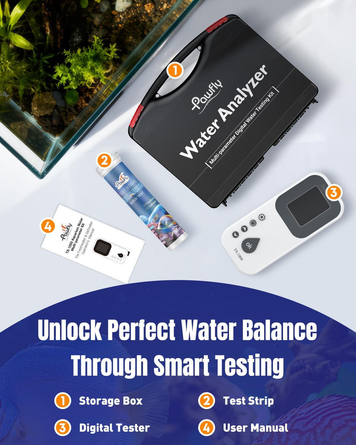 Pawfly 6 in 1 Digital Water Testing Kit, 50 Strips Fresh/Salt Aquarium Water Test Kit, Fish Tank Water Testing Kit, Digital Water Tester for pH, Nitrate, Nitrite, Chlorine, Total Hardness & Carbonate - image 2