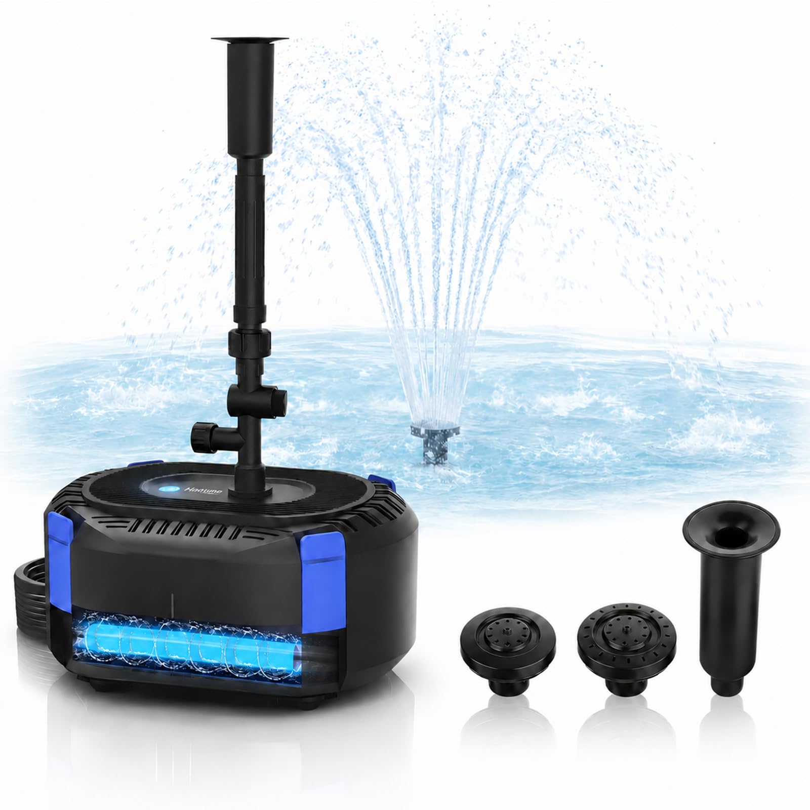 Harune 3000 L/H Pond Filter Pump with 8W UV Light, 40W Submersible Fountain Pump for Garden Ponds, Waterfalls & Water Features, Multi-Stage Filtration, 3 Nozzles, Max Head 2.5m, 3M Cable