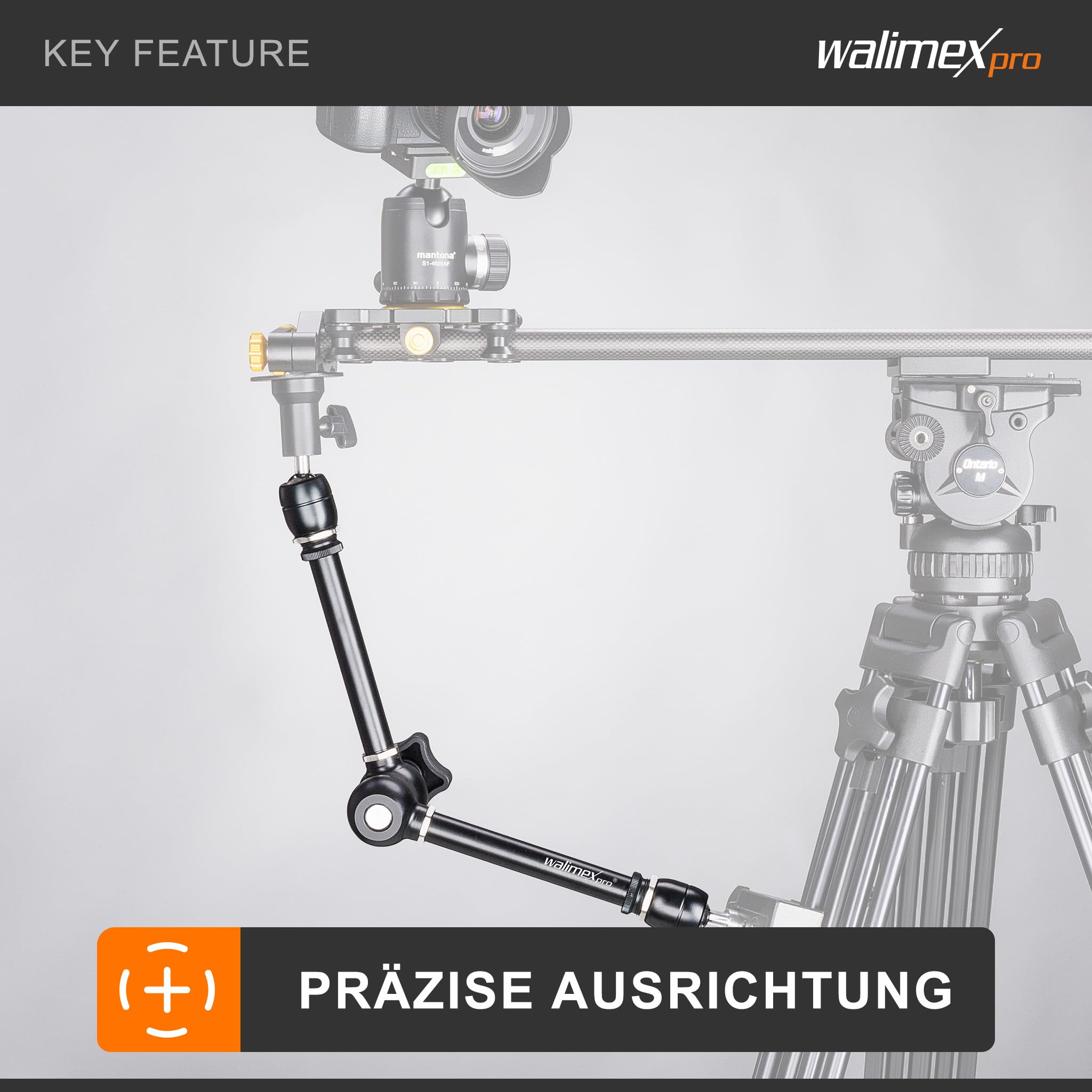 Walimex pro Gelenkarm XL SP – 530 x 80 x 80 mm – Stabiler Friktionsarm mit 5kg Belastbarkeit und 53cm Länge – für DSLRs, Videokameras, Beleuchtung- mit 5/8" Spigotanschlüssen und zentraler Rasterung