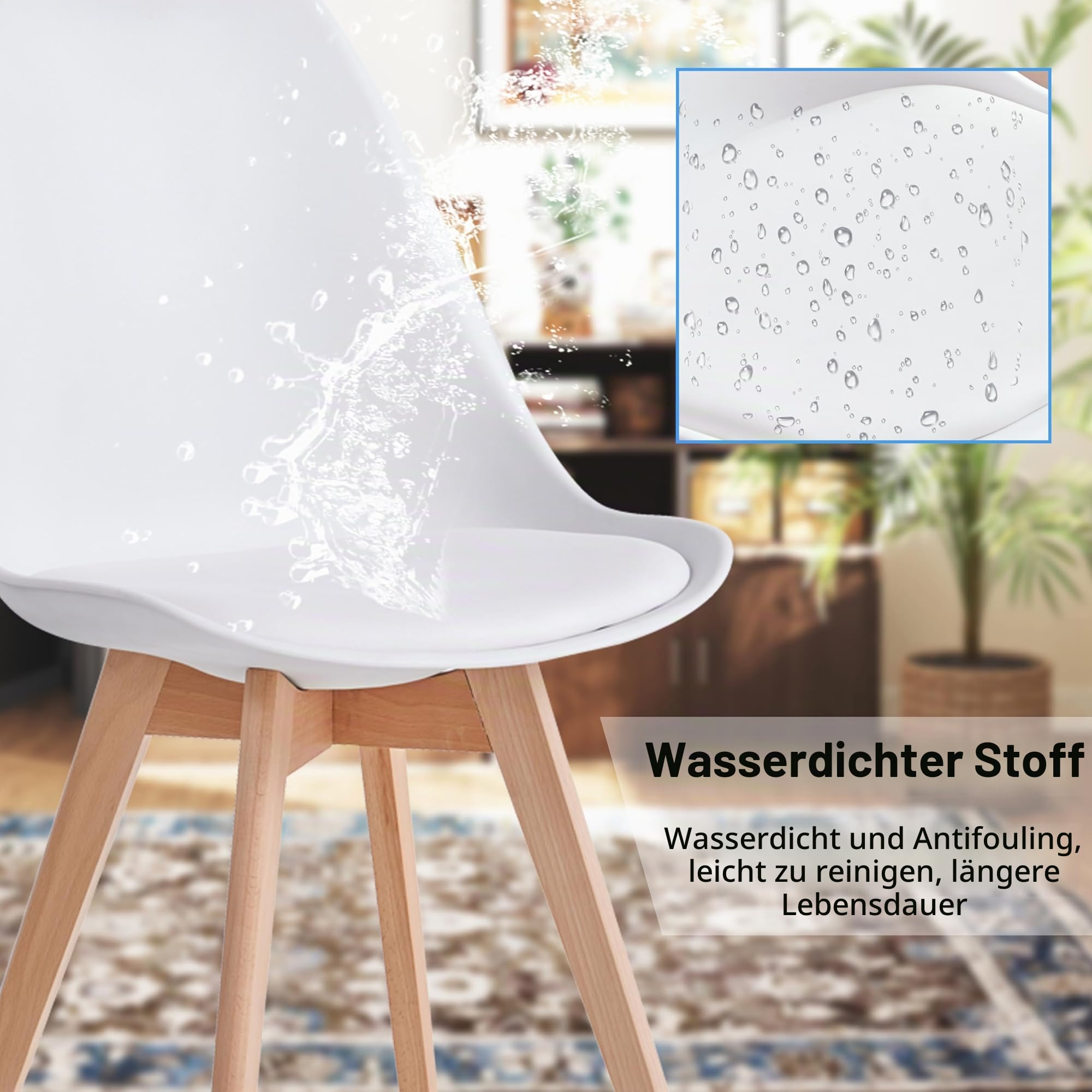 GrandCA HOME 4er-Set Esszimmerstühle, Bürostühle mit Beinen aus massiver Buche, Retro-Design, gepolsterte Stühle, Küchenstühle aus Holz, Weiß