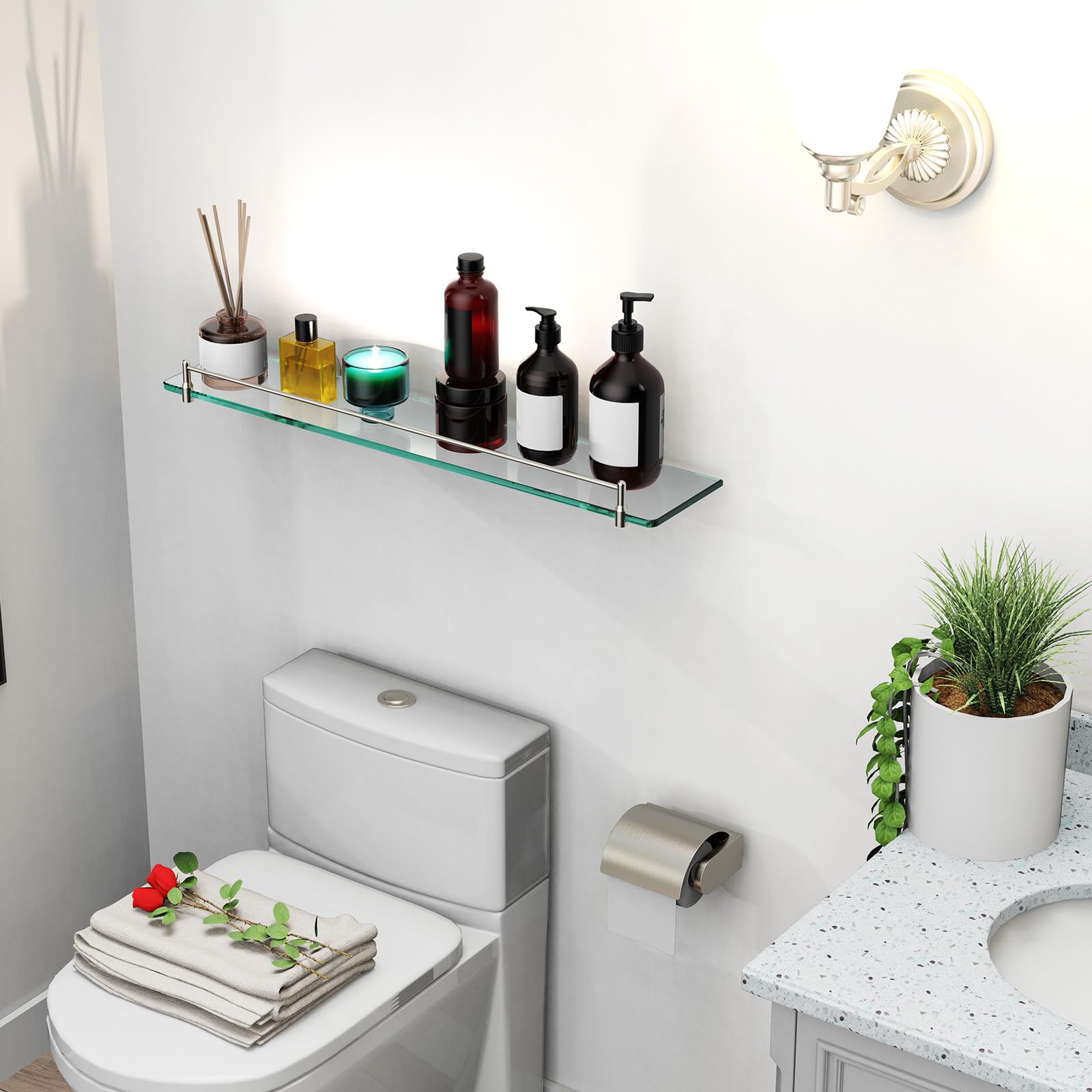 Mensole da bagno in vetro da 61 cm, in nichel spazzolato, mensole galleggianti per parete rettangolare moderna in acciaio inox mensola in vetro per mensole da bagno a parete