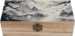 Serene Misty Landscape With Cranes Wooden Storage Box with Hinged Lid for Women, Compact Durable Jewelry Gift Box for Preserve Photos Letters Small Heirlooms