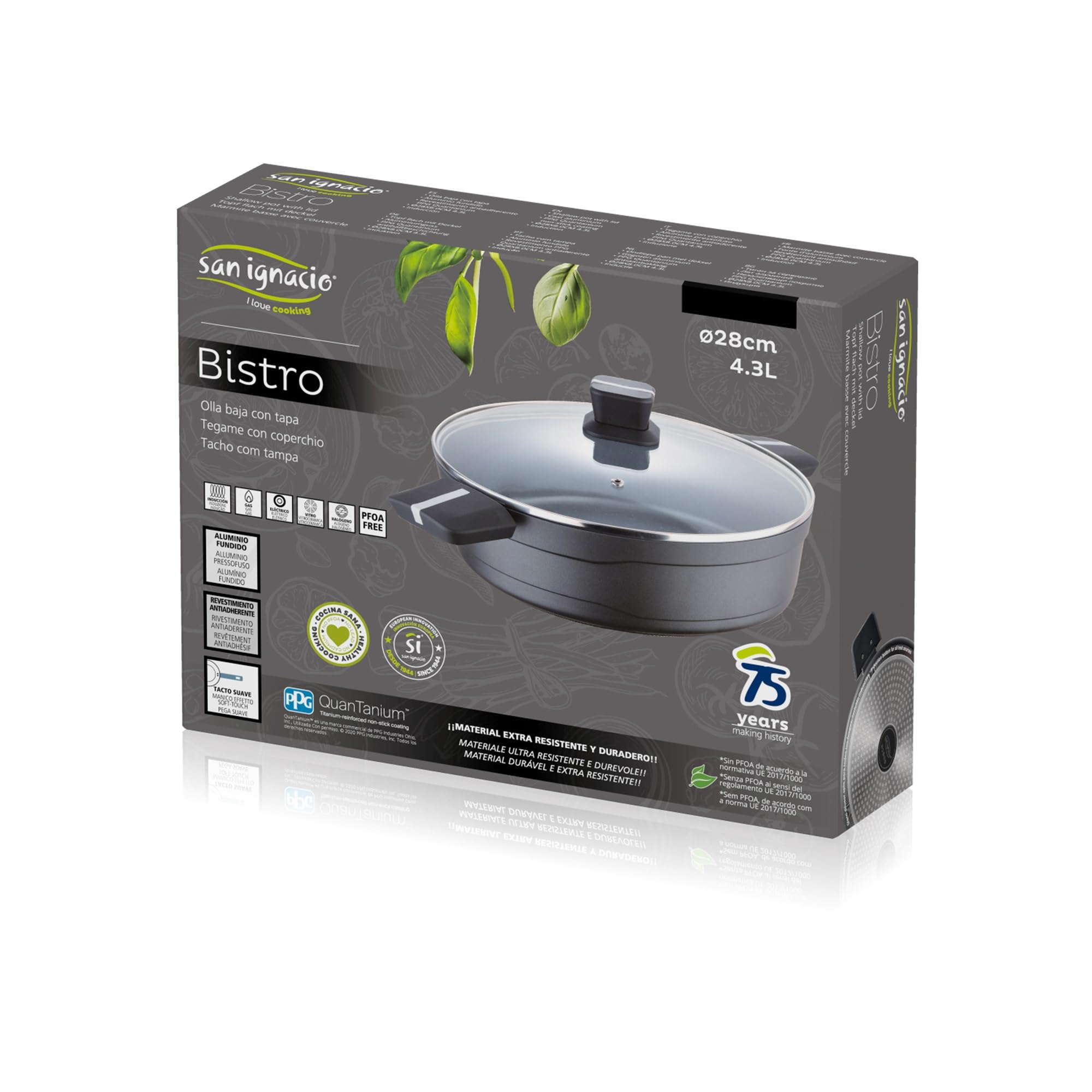 San Ignacio Bistro Grey - Olla Baja de 28cm - Fabricada en Aluminio Fundido - Interior En Acero Quantanium - Exterior En Negro Mate- Punto Inducción - Mango Soft Touch Negro
