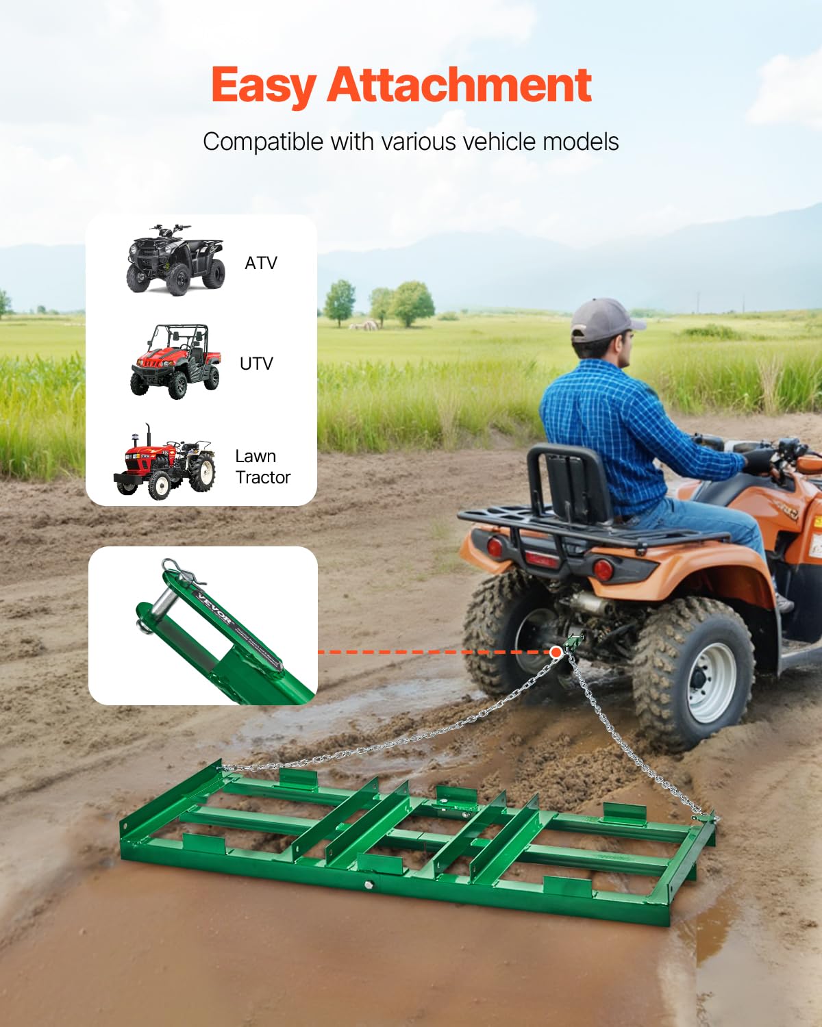 VEVOR Rastrillo de Arrastre 122 cm con Cadena de 183 mm Rastrillo para Nivelación de Caminos de Acceso para Vehículos Todo Terreno, UTV, Tractores, Cortacéspedes, Herramienta de Nivelación de Césped