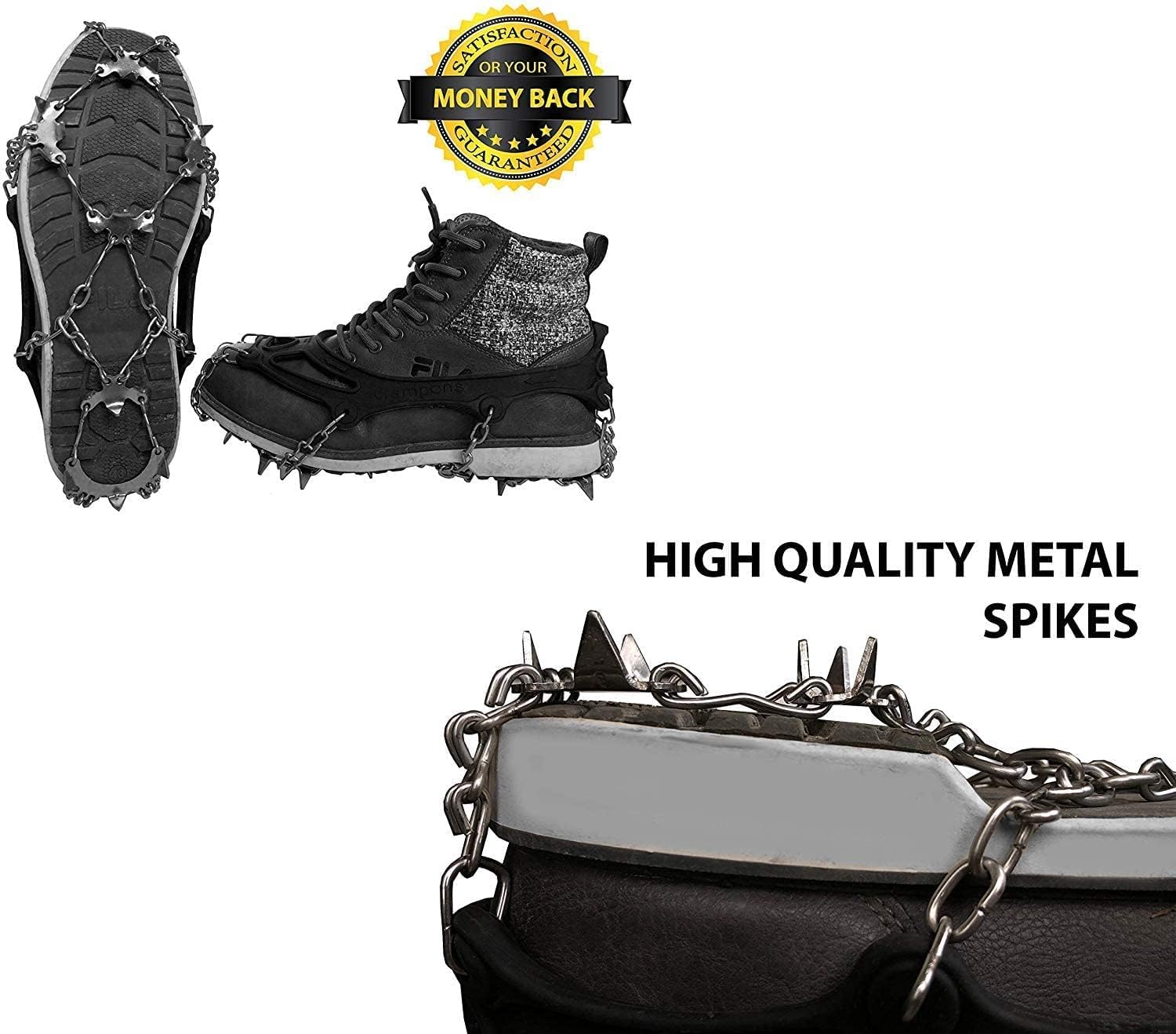 close up of limm ice traction cleats showing steel spikes and TPE base