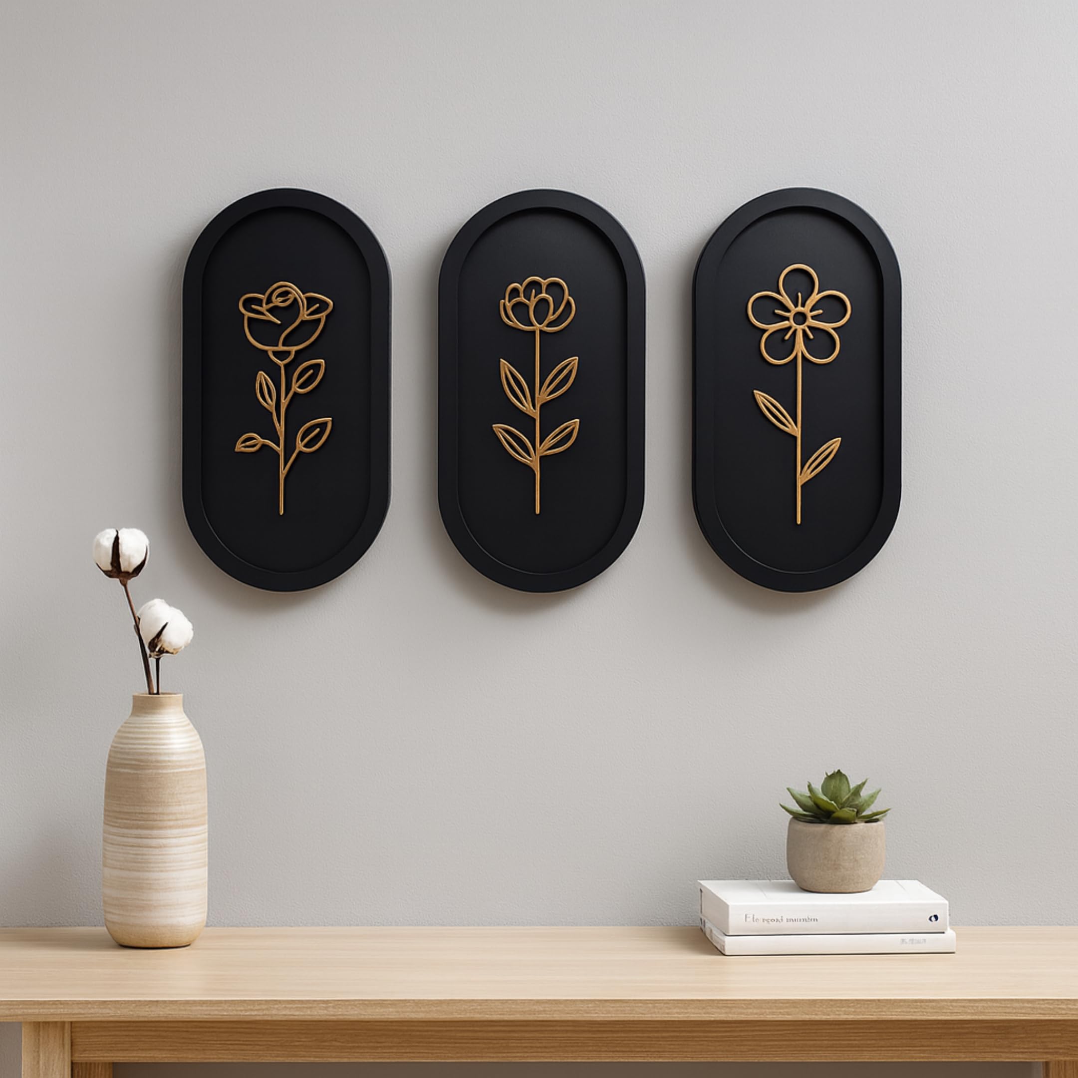 7 Decore 3 Piece Wooden Floral Wall Art Set | Modern Wall Decor for Living Room, Bedroom & Office | Elegant Home Decoration Panels | Contemporary Wall Hanging Frames