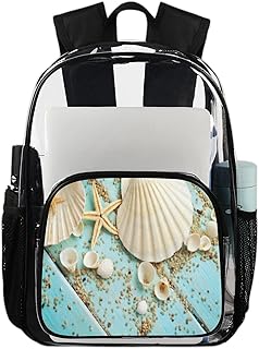 Mochila transparente com estrela do mar e concha para livros, mochila transparente impermeável de madeira com conchas do mar mochila transparente de PVC com alça de ombro reforçada para escola, trabalho, viagens, Multicor