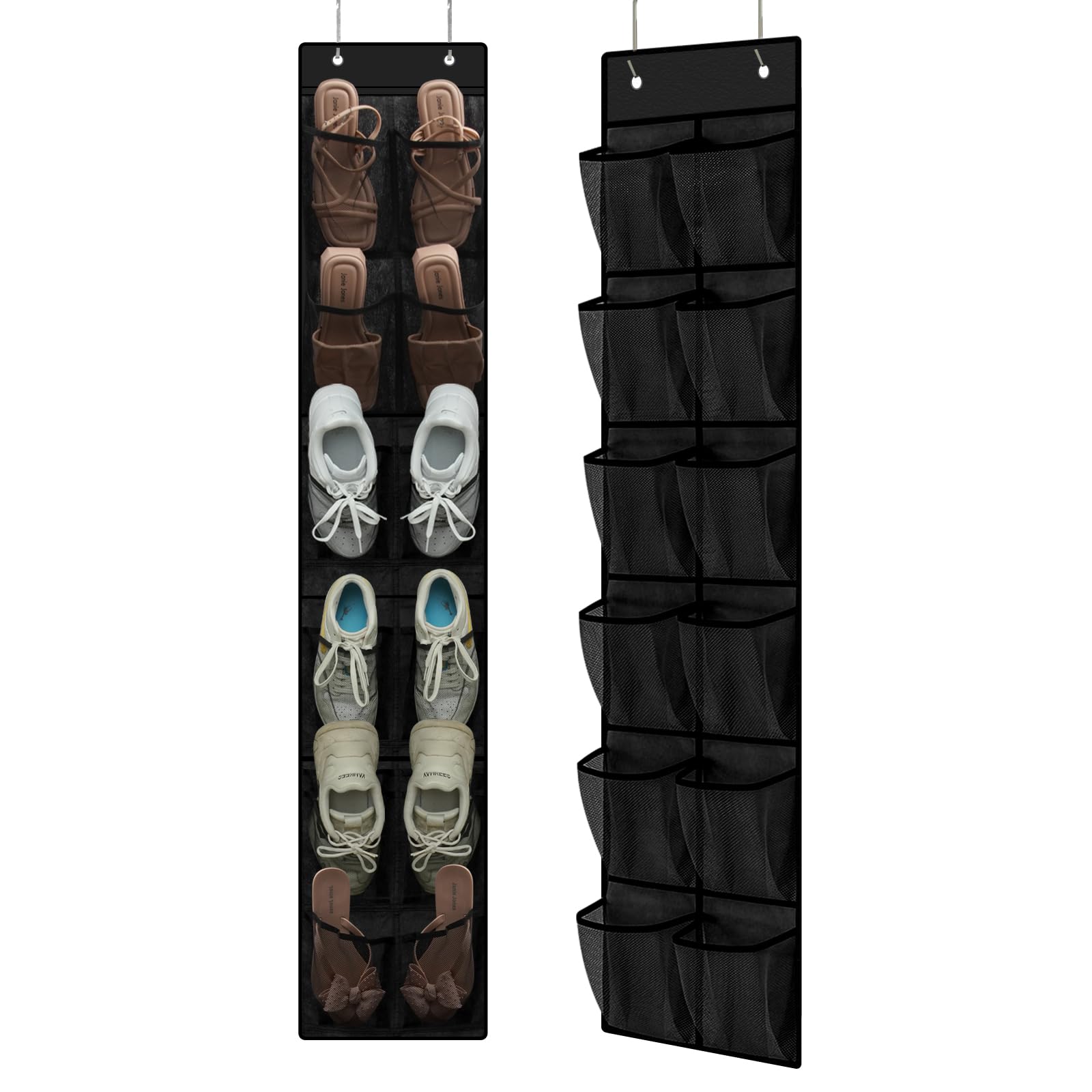 MSLOVE Organizador de zapatos estrecho para colgar sobre la puerta, 12 bolsillos grandes de malla para organizar y almacenar armarios, color negro, paquete de 2