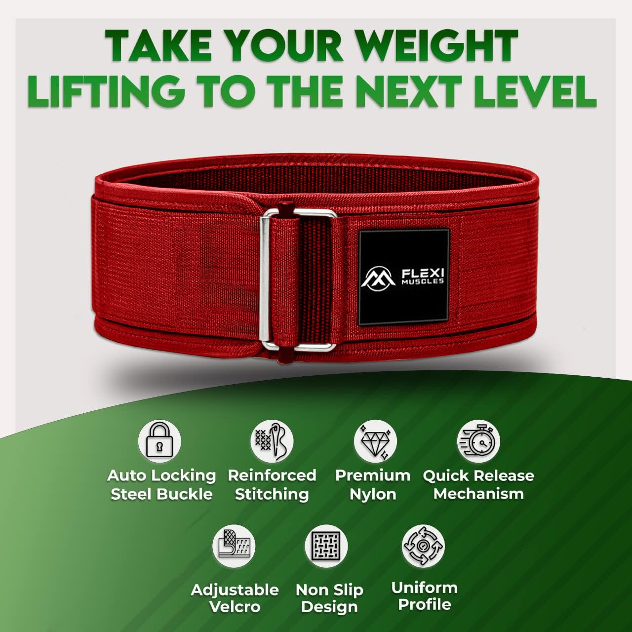Flexi Muscles Cintura per sollevamento pesi Quick Lock, supporto posteriore regolabile con fibbia in metallo, ideale per powerlifting, cross training e sollevamento olimpico, resistente cintura da