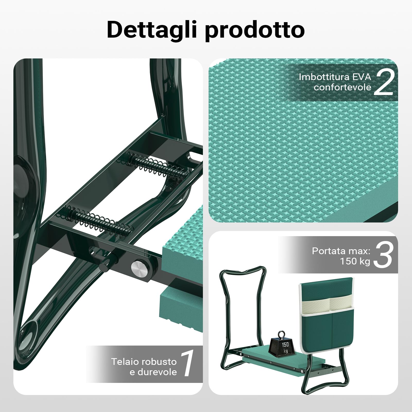 Wiltec Inginocchiatoio imbottito da giardino pieghevole con borsa per attrezzi Sgabello Max 150 kg